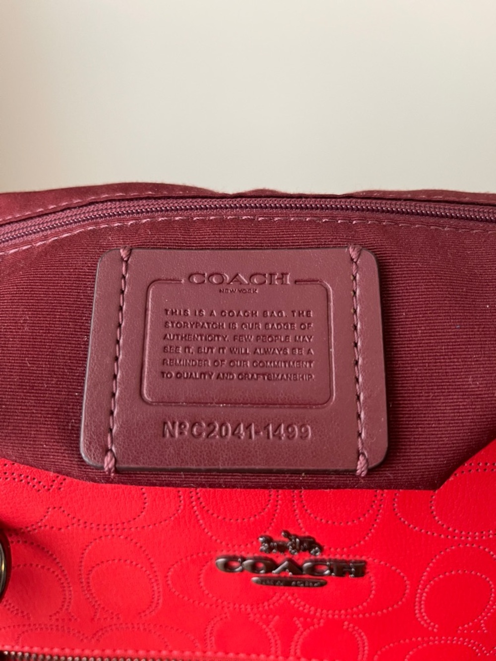 Coach Red Embossed Logo Tote with Front Zip Pocket - Picture 3 of 10